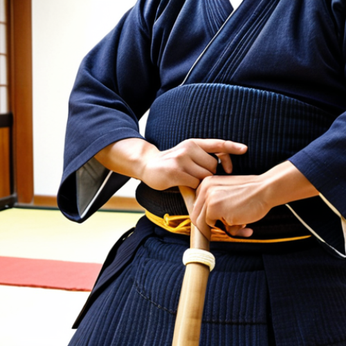 **A Kendo practitioner, perhaps a student or someone returning to the sport, proudly wearing a perfectly fitted, well-maintained used Kendo bogu. The bogu shows subtle signs of use, like softened fabric and a natural fit that suggests comfort and a unique 'aji' (character). In the background, slightly out of focus, a stiff, new bogu contrasts with the comfortable, worn-in piece. Emphasize the warmth and inviting quality of the used gear, highlighting its value and comfort.**