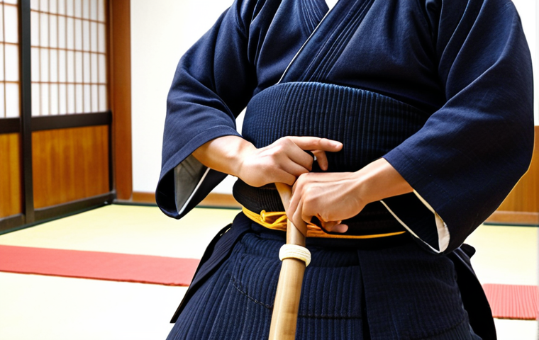 **A Kendo practitioner, perhaps a student or someone returning to the sport, proudly wearing a perfectly fitted, well-maintained used Kendo bogu. The bogu shows subtle signs of use, like softened fabric and a natural fit that suggests comfort and a unique 'aji' (character). In the background, slightly out of focus, a stiff, new bogu contrasts with the comfortable, worn-in piece. Emphasize the warmth and inviting quality of the used gear, highlighting its value and comfort.**