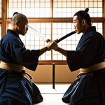 **

Prompt: Kendo practice, dynamic action shot, two kendo practitioners facing off with bamboo swords (shinai), intense focus, traditional dojo setting, sunlight streaming through windows, sense of discipline and mental clarity, Japanese calligraphy in background, realistic, detailed textures, warm color palette.

**