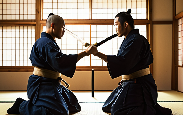 **

Prompt: Kendo practice, dynamic action shot, two kendo practitioners facing off with bamboo swords (shinai), intense focus, traditional dojo setting, sunlight streaming through windows, sense of discipline and mental clarity, Japanese calligraphy in background, realistic, detailed textures, warm color palette.

**