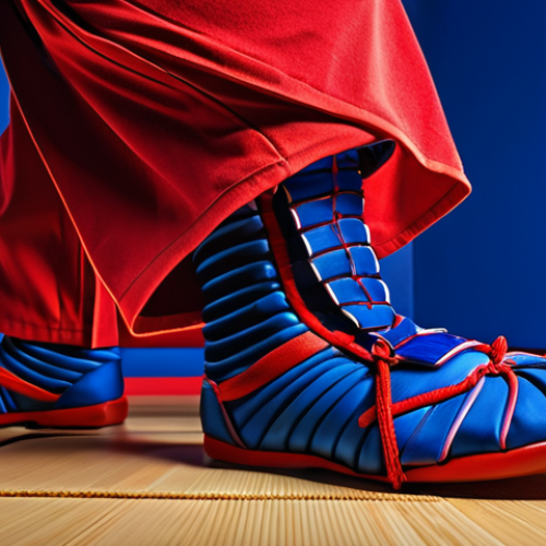**Prompt:** Kendo shoes, unique design, vibrant colors (red, blue), dynamic action pose, dojo background, high resolution, artistic lighting.