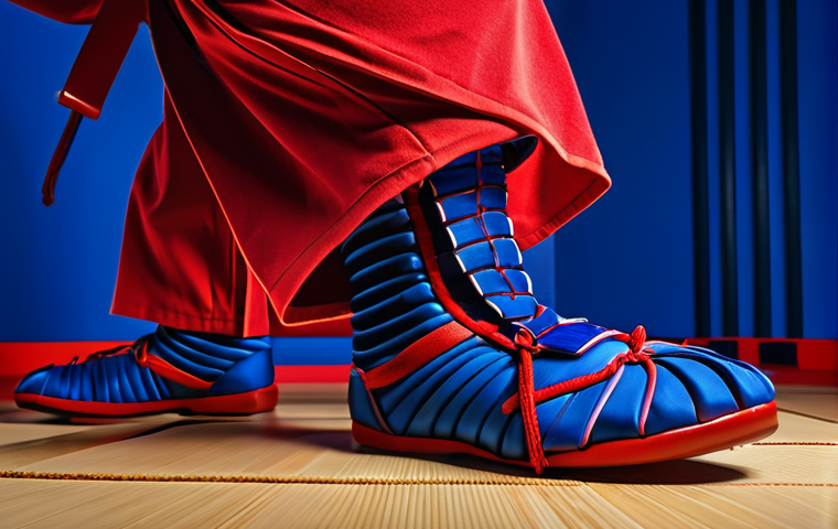 **Prompt:** Kendo shoes, unique design, vibrant colors (red, blue), dynamic action pose, dojo background, high resolution, artistic lighting.